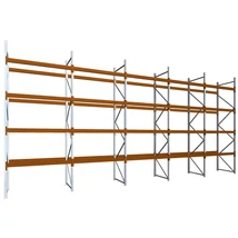 Raklapos állványrendszer magasság 4,5 m, mezőszélesség 1,8 m, fsz+4 szint, 2800 kg/szint terhelésre, ötmezős