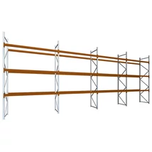 Raklapos állványrendszer magasság 4,5 m, mezőszélesség 2,7 m, fsz+3 szint, 3000 kg/szint terhelésre, négymezős