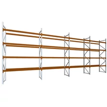 Raklapos állványrendszer magasság 4,5 m, mezőszélesség 2,7 m, fsz+4 szint, 2500 kg/szint terhelésre, négymezős